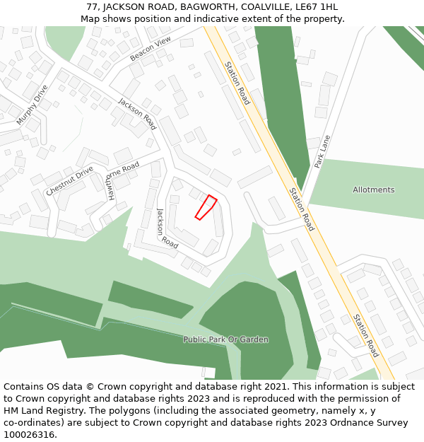 77, JACKSON ROAD, BAGWORTH, COALVILLE, LE67 1HL: Location map and indicative extent of plot