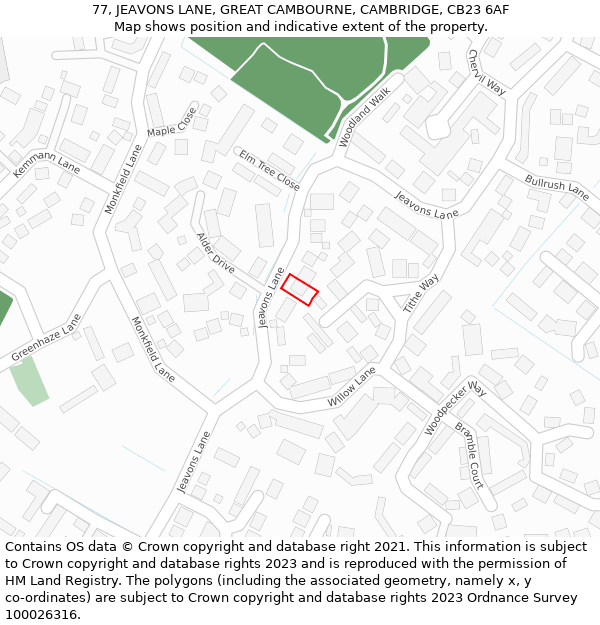 77, JEAVONS LANE, GREAT CAMBOURNE, CAMBRIDGE, CB23 6AF: Location map and indicative extent of plot