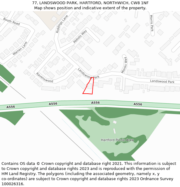 77, LANDSWOOD PARK, HARTFORD, NORTHWICH, CW8 1NF: Location map and indicative extent of plot