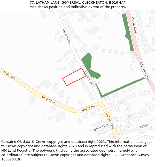 77, LATHAM LANE, GOMERSAL, CLECKHEATON, BD19 4AP: Location map and indicative extent of plot