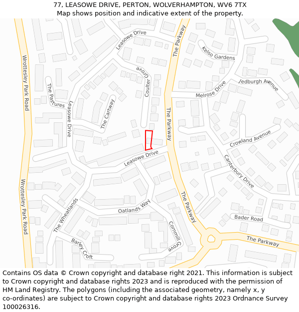 77, LEASOWE DRIVE, PERTON, WOLVERHAMPTON, WV6 7TX: Location map and indicative extent of plot