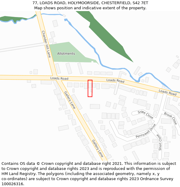 77, LOADS ROAD, HOLYMOORSIDE, CHESTERFIELD, S42 7ET: Location map and indicative extent of plot