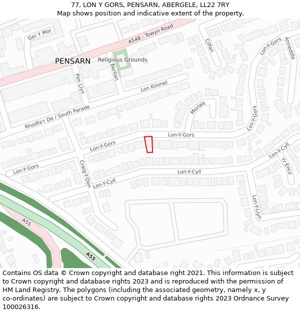 77, LON Y GORS, PENSARN, ABERGELE, LL22 7RY: Location map and indicative extent of plot