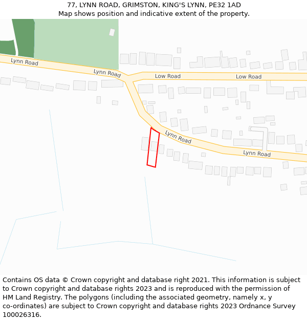 77, LYNN ROAD, GRIMSTON, KING'S LYNN, PE32 1AD: Location map and indicative extent of plot