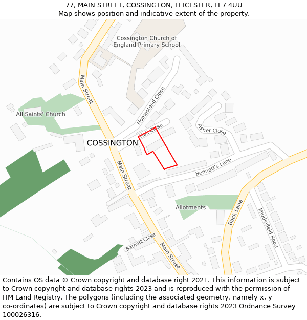 77, MAIN STREET, COSSINGTON, LEICESTER, LE7 4UU: Location map and indicative extent of plot