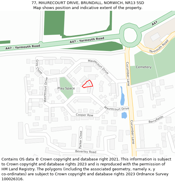 77, MAURECOURT DRIVE, BRUNDALL, NORWICH, NR13 5SD: Location map and indicative extent of plot