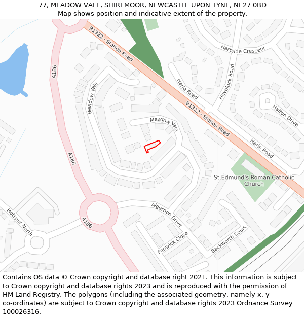 77, MEADOW VALE, SHIREMOOR, NEWCASTLE UPON TYNE, NE27 0BD: Location map and indicative extent of plot