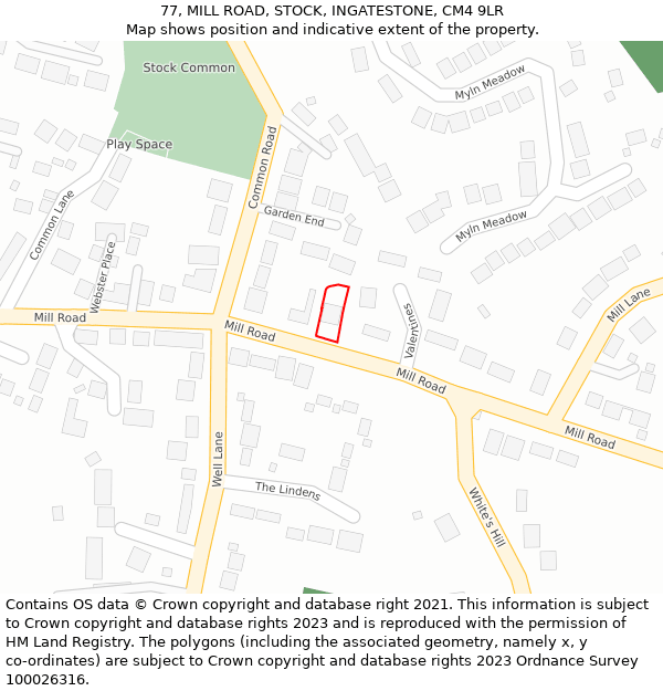 77, MILL ROAD, STOCK, INGATESTONE, CM4 9LR: Location map and indicative extent of plot