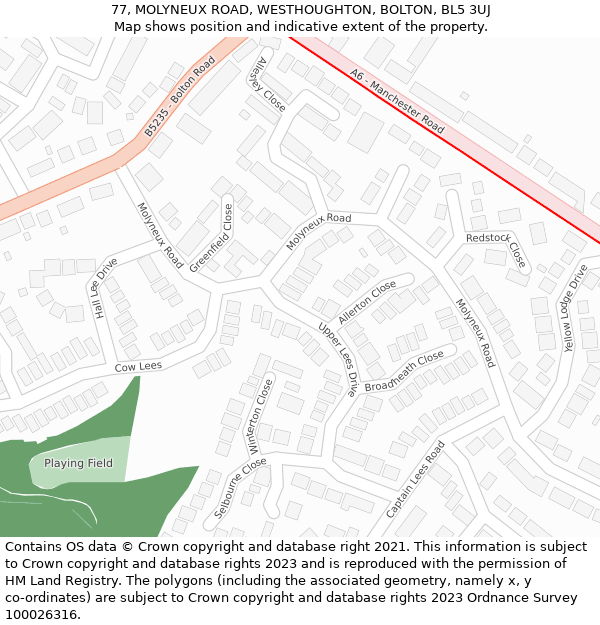 77, MOLYNEUX ROAD, WESTHOUGHTON, BOLTON, BL5 3UJ: Location map and indicative extent of plot