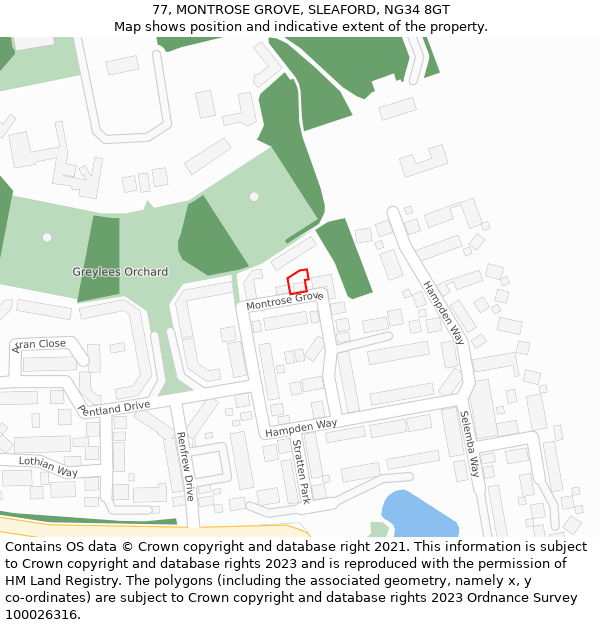 77, MONTROSE GROVE, SLEAFORD, NG34 8GT: Location map and indicative extent of plot