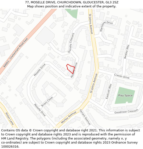 77, MOSELLE DRIVE, CHURCHDOWN, GLOUCESTER, GL3 2SZ: Location map and indicative extent of plot