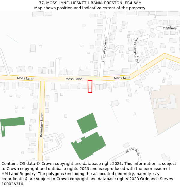 77, MOSS LANE, HESKETH BANK, PRESTON, PR4 6AA: Location map and indicative extent of plot