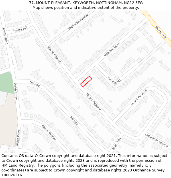 77, MOUNT PLEASANT, KEYWORTH, NOTTINGHAM, NG12 5EG: Location map and indicative extent of plot