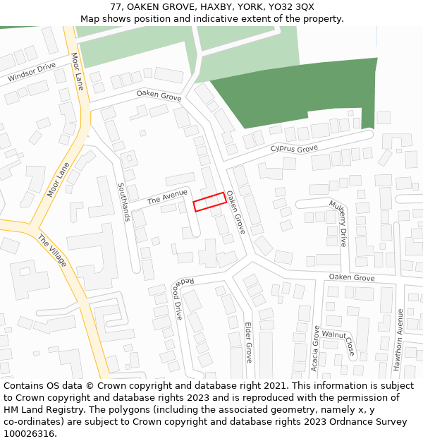 77, OAKEN GROVE, HAXBY, YORK, YO32 3QX: Location map and indicative extent of plot