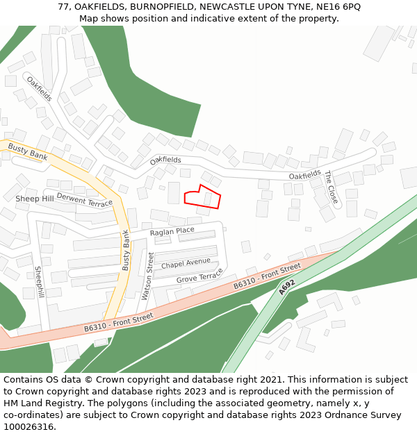 77, OAKFIELDS, BURNOPFIELD, NEWCASTLE UPON TYNE, NE16 6PQ: Location map and indicative extent of plot