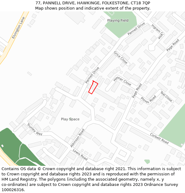 77, PANNELL DRIVE, HAWKINGE, FOLKESTONE, CT18 7QP: Location map and indicative extent of plot