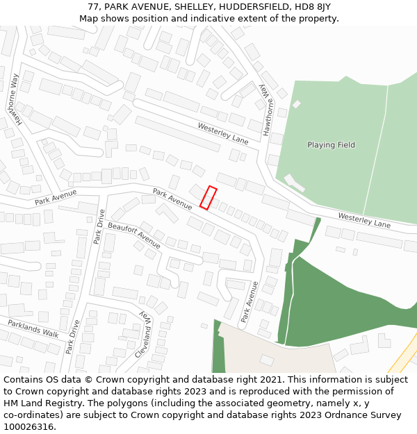77, PARK AVENUE, SHELLEY, HUDDERSFIELD, HD8 8JY: Location map and indicative extent of plot