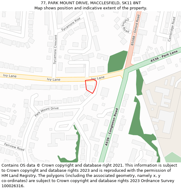 77, PARK MOUNT DRIVE, MACCLESFIELD, SK11 8NT: Location map and indicative extent of plot