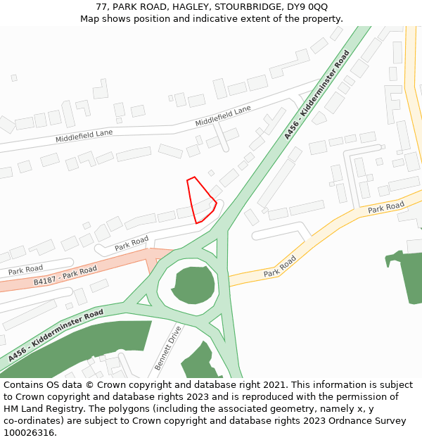 77, PARK ROAD, HAGLEY, STOURBRIDGE, DY9 0QQ: Location map and indicative extent of plot
