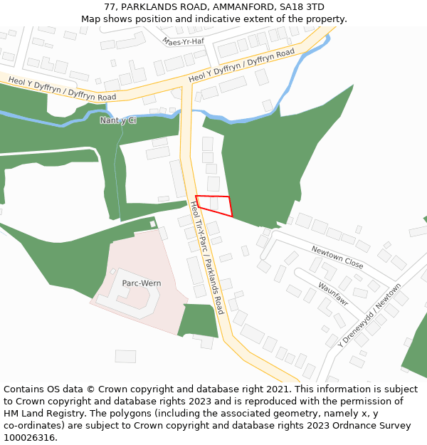 77, PARKLANDS ROAD, AMMANFORD, SA18 3TD: Location map and indicative extent of plot