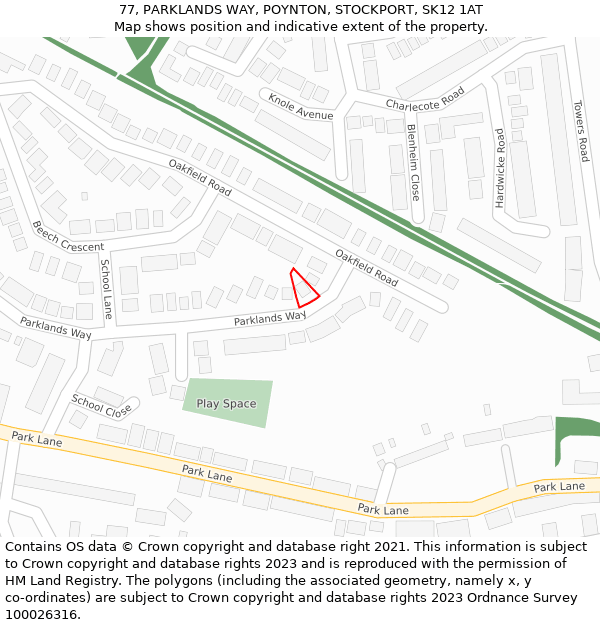 77, PARKLANDS WAY, POYNTON, STOCKPORT, SK12 1AT: Location map and indicative extent of plot