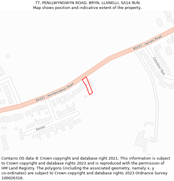 77, PENLLWYNGWYN ROAD, BRYN, LLANELLI, SA14 9UN: Location map and indicative extent of plot