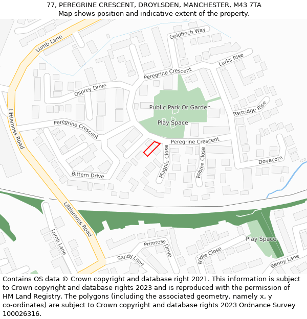 77, PEREGRINE CRESCENT, DROYLSDEN, MANCHESTER, M43 7TA: Location map and indicative extent of plot