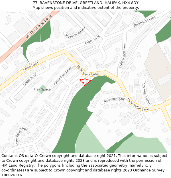 77, RAVENSTONE DRIVE, GREETLAND, HALIFAX, HX4 8DY: Location map and indicative extent of plot