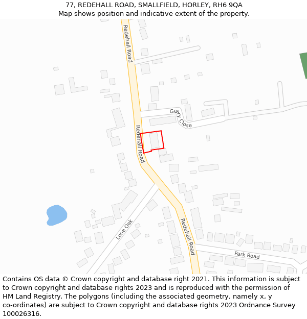 77, REDEHALL ROAD, SMALLFIELD, HORLEY, RH6 9QA: Location map and indicative extent of plot