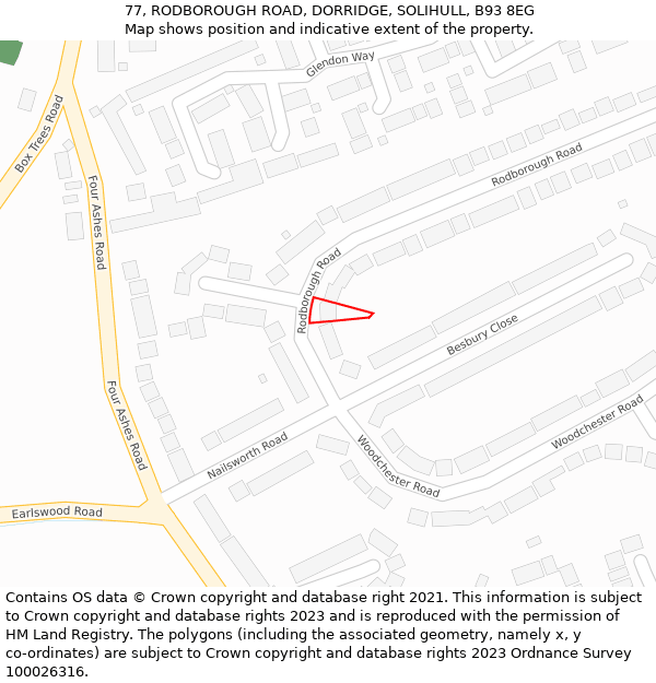 77, RODBOROUGH ROAD, DORRIDGE, SOLIHULL, B93 8EG: Location map and indicative extent of plot