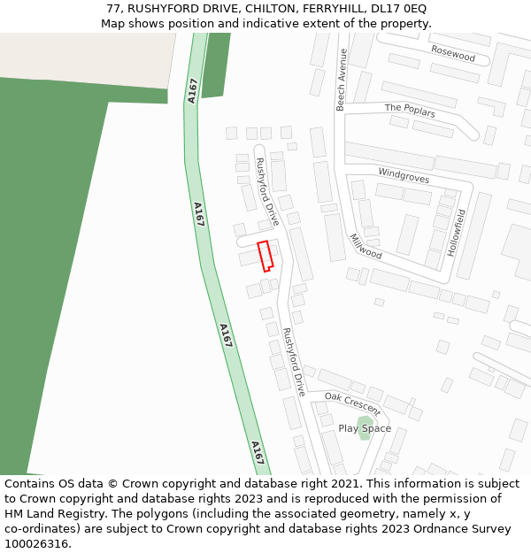 77, RUSHYFORD DRIVE, CHILTON, FERRYHILL, DL17 0EQ: Location map and indicative extent of plot