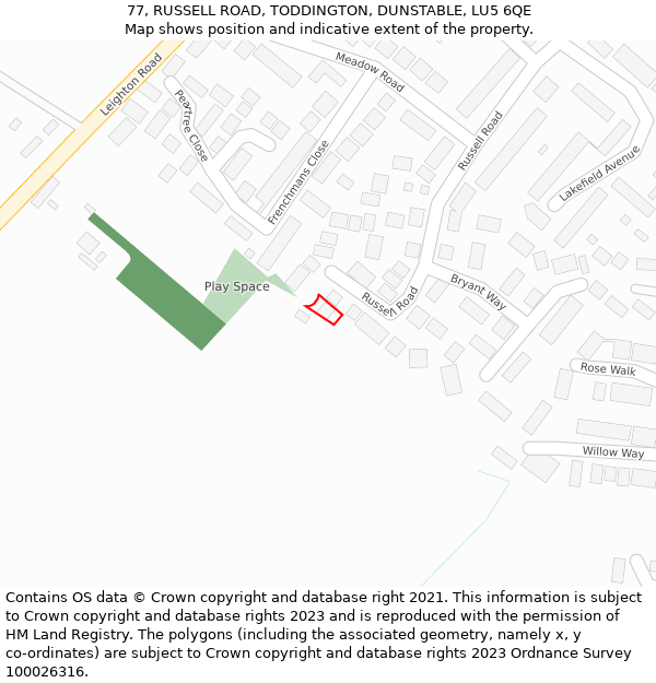 77, RUSSELL ROAD, TODDINGTON, DUNSTABLE, LU5 6QE: Location map and indicative extent of plot