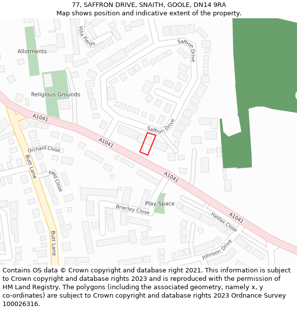 77, SAFFRON DRIVE, SNAITH, GOOLE, DN14 9RA: Location map and indicative extent of plot