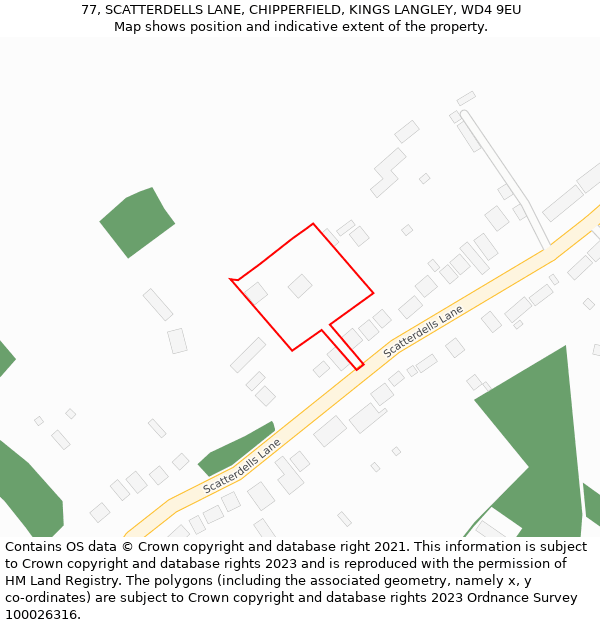 77, SCATTERDELLS LANE, CHIPPERFIELD, KINGS LANGLEY, WD4 9EU: Location map and indicative extent of plot