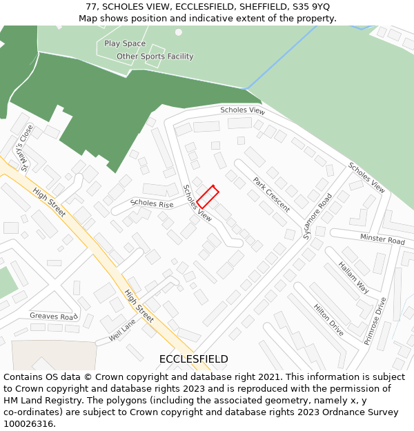77, SCHOLES VIEW, ECCLESFIELD, SHEFFIELD, S35 9YQ: Location map and indicative extent of plot