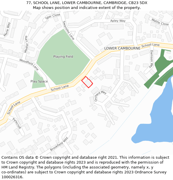 77, SCHOOL LANE, LOWER CAMBOURNE, CAMBRIDGE, CB23 5DX: Location map and indicative extent of plot