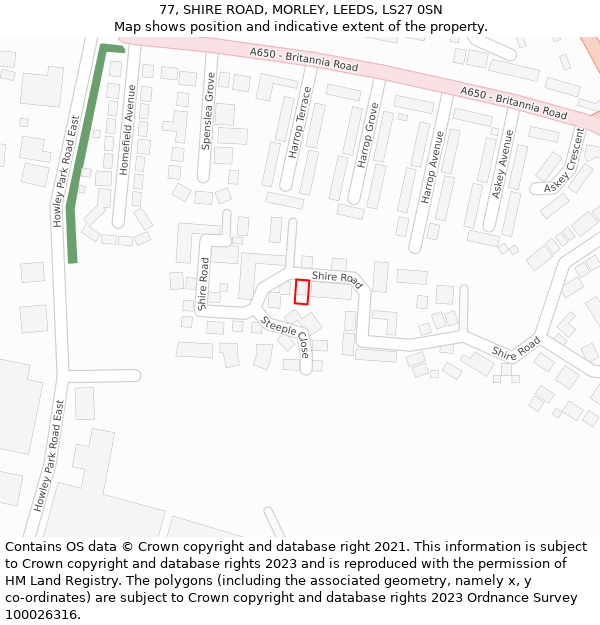 77, SHIRE ROAD, MORLEY, LEEDS, LS27 0SN: Location map and indicative extent of plot