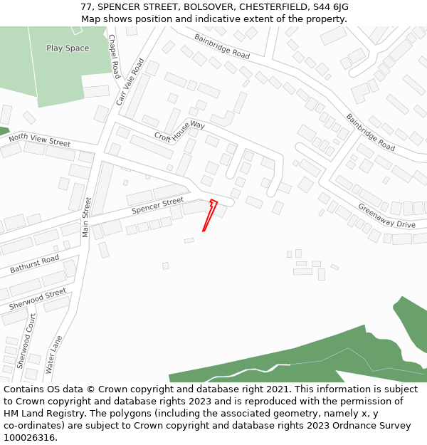 77, SPENCER STREET, BOLSOVER, CHESTERFIELD, S44 6JG: Location map and indicative extent of plot