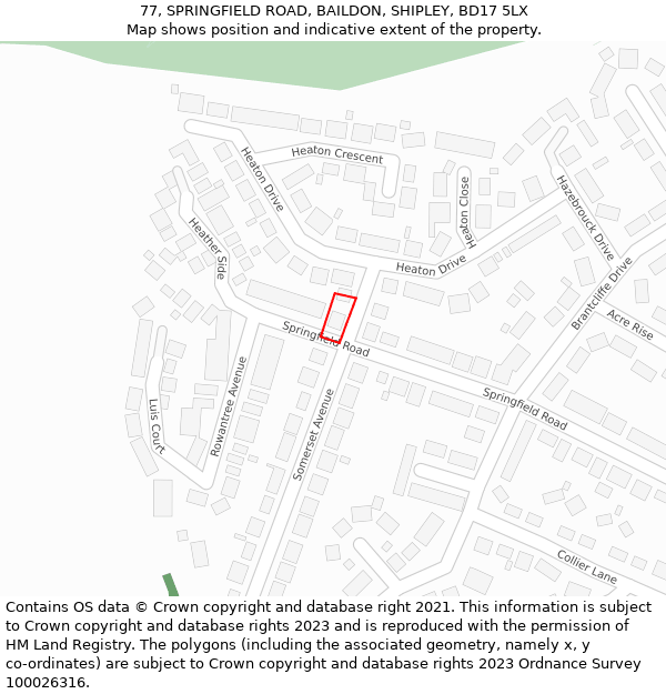 77, SPRINGFIELD ROAD, BAILDON, SHIPLEY, BD17 5LX: Location map and indicative extent of plot