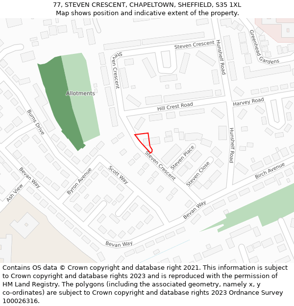 77, STEVEN CRESCENT, CHAPELTOWN, SHEFFIELD, S35 1XL: Location map and indicative extent of plot