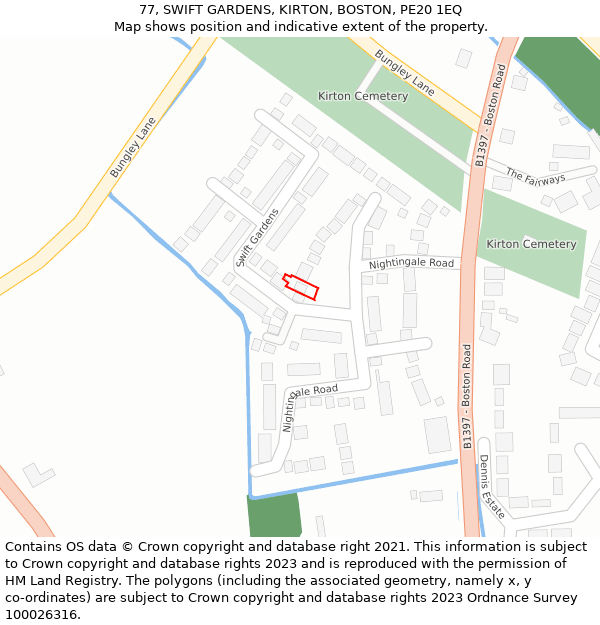 77, SWIFT GARDENS, KIRTON, BOSTON, PE20 1EQ: Location map and indicative extent of plot