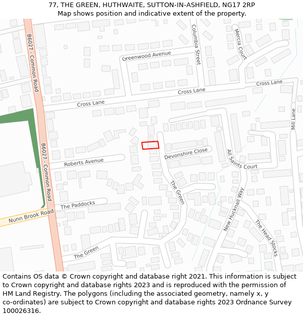 77, THE GREEN, HUTHWAITE, SUTTON-IN-ASHFIELD, NG17 2RP: Location map and indicative extent of plot