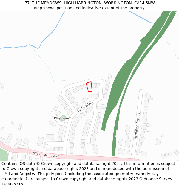 77, THE MEADOWS, HIGH HARRINGTON, WORKINGTON, CA14 5NW: Location map and indicative extent of plot