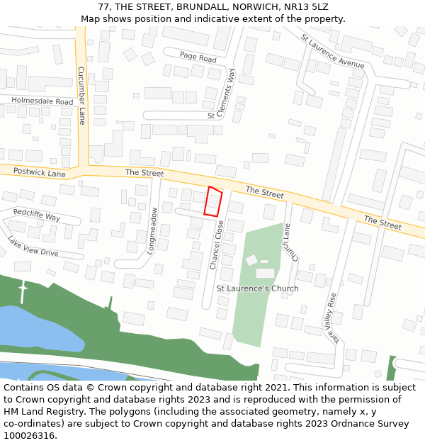 77, THE STREET, BRUNDALL, NORWICH, NR13 5LZ: Location map and indicative extent of plot