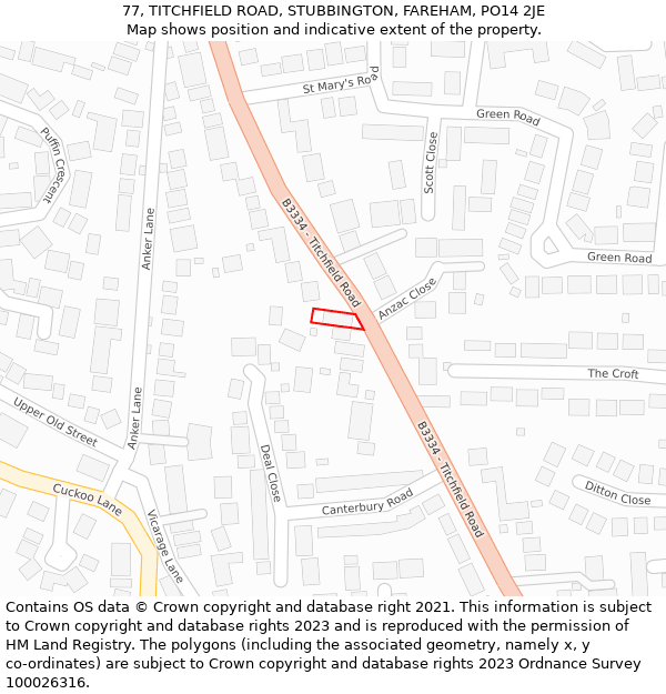 77, TITCHFIELD ROAD, STUBBINGTON, FAREHAM, PO14 2JE: Location map and indicative extent of plot