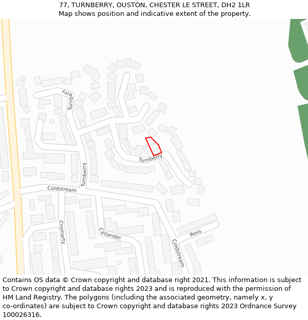 77, TURNBERRY, OUSTON, CHESTER LE STREET, DH2 1LR: Location map and indicative extent of plot