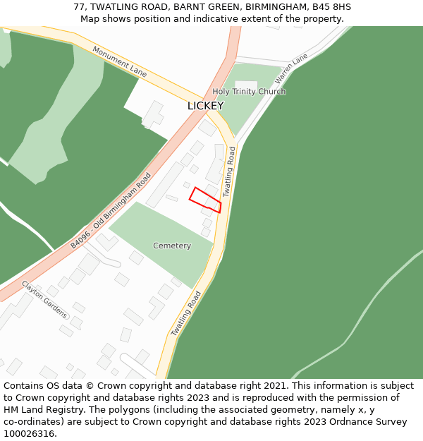 77, TWATLING ROAD, BARNT GREEN, BIRMINGHAM, B45 8HS: Location map and indicative extent of plot
