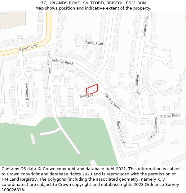 77, UPLANDS ROAD, SALTFORD, BRISTOL, BS31 3HN: Location map and indicative extent of plot