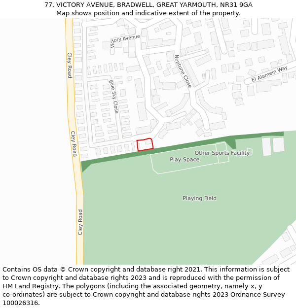 77, VICTORY AVENUE, BRADWELL, GREAT YARMOUTH, NR31 9GA: Location map and indicative extent of plot