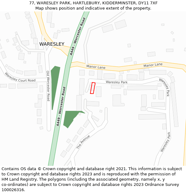 77, WARESLEY PARK, HARTLEBURY, KIDDERMINSTER, DY11 7XF: Location map and indicative extent of plot